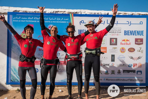 IWT『Morocco Spot X Windsurf World Cup 2018』のファイナリスト。 左から石井孝良、アントワン・マーチン、ボジュマ・ギロール、 モーガン・ノイロー / Photo by Nick Jones_IWT 