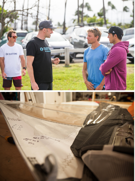 Upper=Klaas Voget(G-4)discusses new products with Raoul Joa and Victor Fernandez(E-42) Lower=Duotone Windsurfing Sail Prototype
