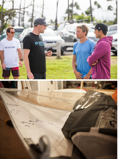 Upper＝Klaas Voget（G-4）discusses new products with Raoul Joa and Victor Fernandez（E-42） Lower＝Duotone Windsurfing Sail Prototype